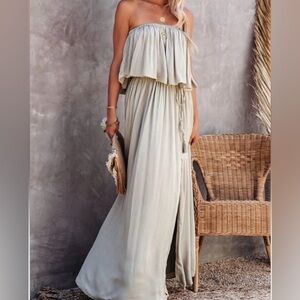 Mustard Seed long strapless boho dress in light green.